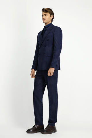 Koyu Lacivert 7 Drop Slim Fit Dar Kesim Yünlü Çizgili Kruvaze Takım Elbise
