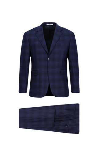 Orta Lacivert 4 Drop Relaxed Fit Rahat Kesim Ekose Takım Elbise
