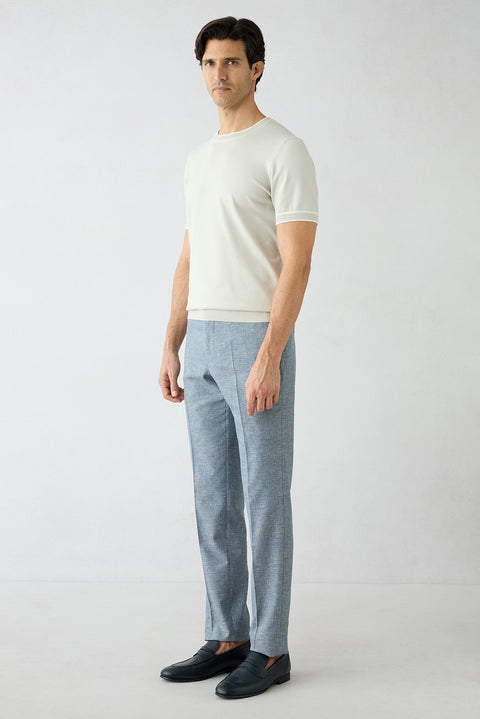 Açık Lacivert 4 Drop Relaxed Fit Rahat Kesim Keten Karışımlı Desenli Klasik Kumaş Pantolon