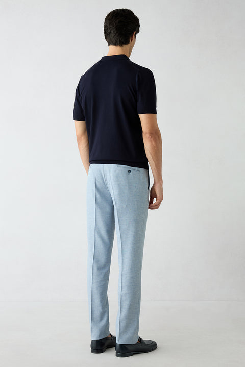 Açık Mavi 6 Drop Regular Fit Standart Kesim Keten Karışımlı Desenli Klasik Kumaş Pantolon