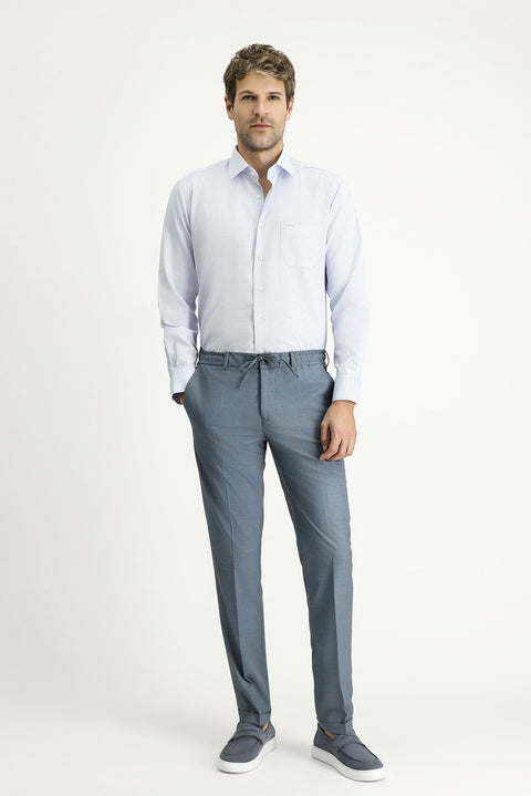 Dark Blue 7 Drop Super Slim Fit Extra Narrow Cut Lycra Elastic Waist Drawstring Classic Fabric Trousers