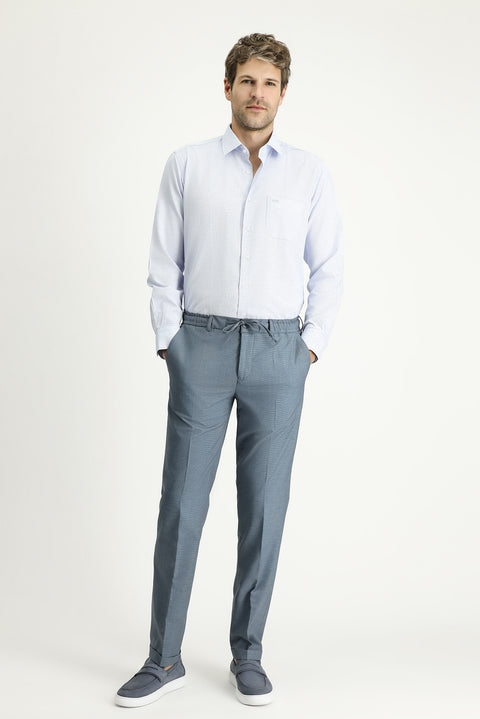 Dark Blue 7 Drop Super Slim Fit Extra Narrow Cut Lycra Elastic Waist Drawstring Classic Fabric Trousers
