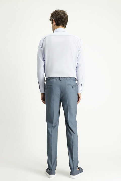Dark Blue 7 Drop Super Slim Fit Extra Narrow Cut Lycra Elastic Waist Drawstring Classic Fabric Trousers