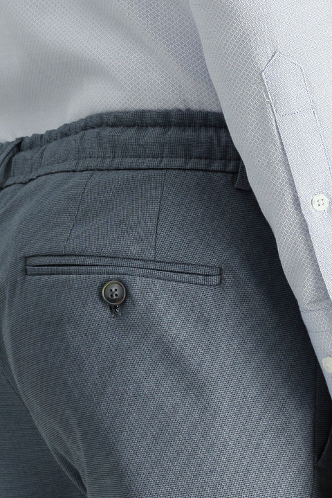 Dark Blue 7 Drop Super Slim Fit Extra Narrow Cut Lycra Elastic Waist Drawstring Classic Fabric Trousers