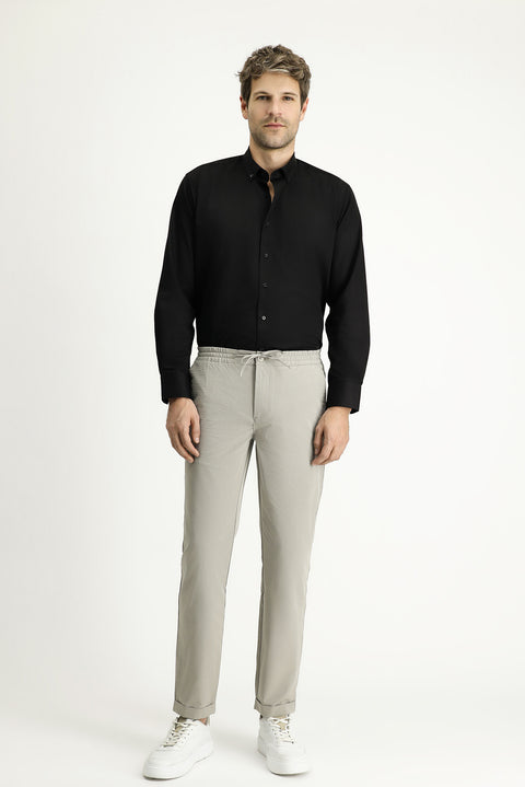 Light Mink Techno-Line 7 Drop Slim Fit Classic Fabric Trousers with Elastic Waist Drawstring