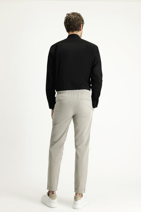 Light Mink Techno-Line 7 Drop Slim Fit Classic Fabric Trousers with Elastic Waist Drawstring