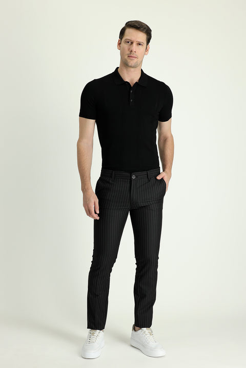 Black 7 Drop Slim Fit Narrow Cut Elastic Waist Striped Lycra Classic Fabric Trousers