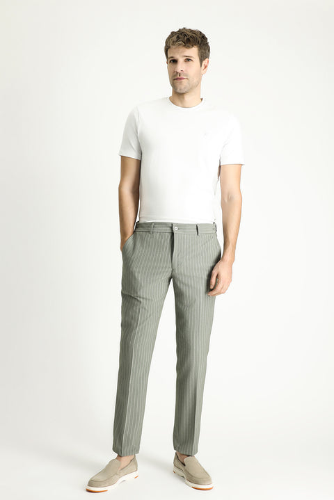Küf Yeşili 7 Drop Slim Fit Dar Kesim Beli Lastikli Likralı Çizgili Klasik Kumaş Pantolon