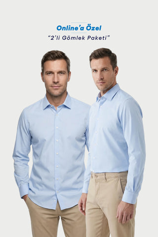 Mavi-Mavi 2'li Uzun Kol Regular Fit Pamuklu Ütü Gerektirmeyen Pamuklu Klasik Non Iron Gömlek Seti