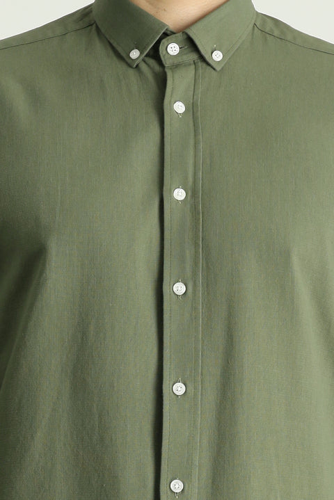 Medium Khaki Long Sleeve Relaxed Fit Button-Down Collar Cotton Breathable Linen-Look Shirt