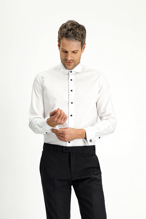White Stand Collar Slim Fit Narrow Cut Cotton Shirt
