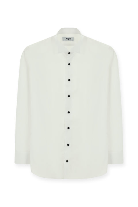 White Stand Collar Slim Fit Narrow Cut Cotton Shirt