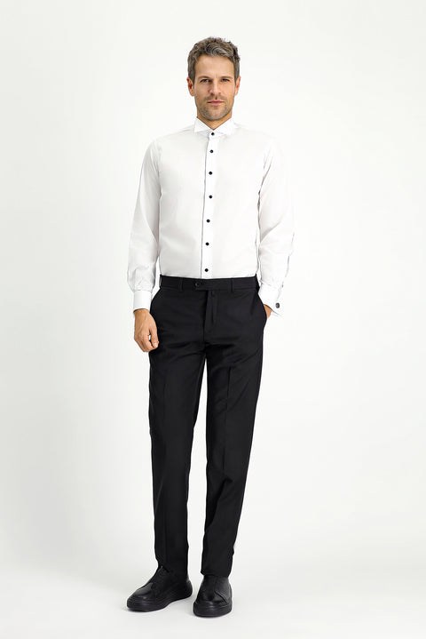 White Stand Collar Slim Fit Narrow Cut Cotton Shirt