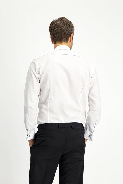 White Stand Collar Slim Fit Narrow Cut Cotton Shirt
