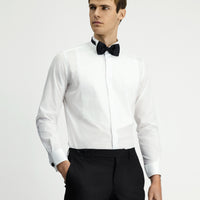 White Stand Collar Slim Fit Narrow Cut Cotton Pleated Shirt