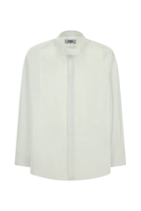 White Stand Collar Slim Fit Narrow Cut Cotton Pleated Shirt