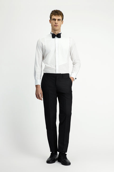 White Stand Collar Slim Fit Narrow Cut Cotton Pleated Shirt