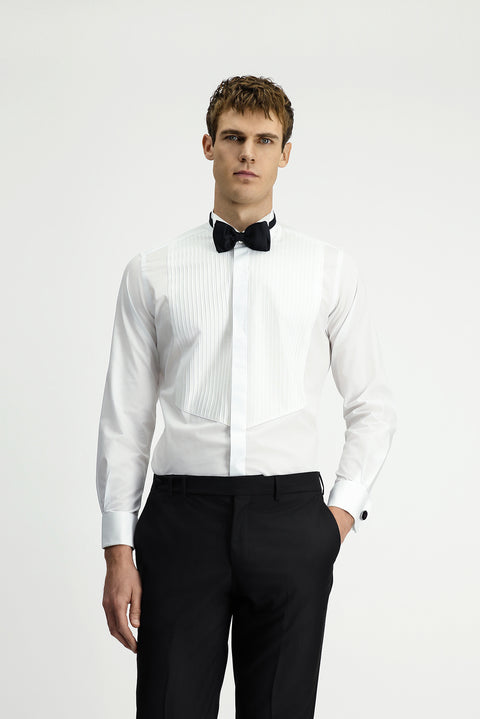 White Stand Collar Slim Fit Narrow Cut Cotton Pleated Shirt