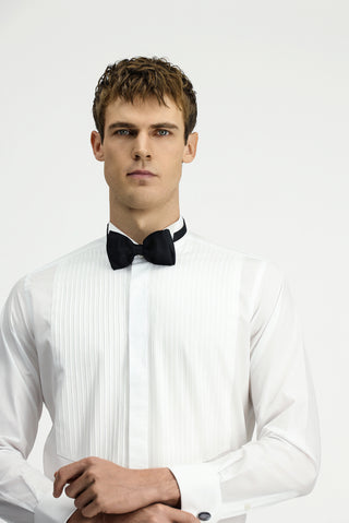Beyaz Ata Yaka Slim Fit Dar Kesim Pamuk Piliseli Gömlek