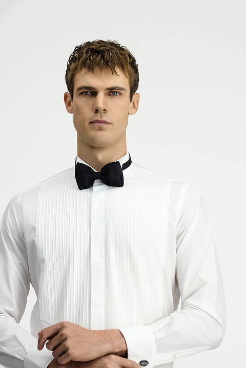 White Stand Collar Slim Fit Narrow Cut Cotton Pleated Shirt