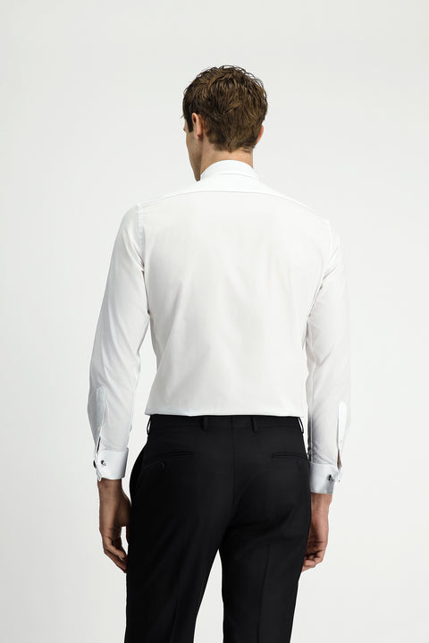White Stand Collar Slim Fit Narrow Cut Cotton Pleated Shirt