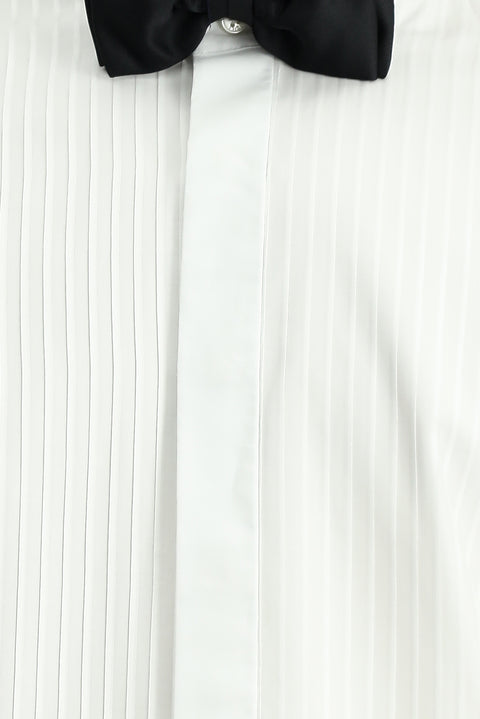 White Stand Collar Slim Fit Narrow Cut Cotton Pleated Shirt