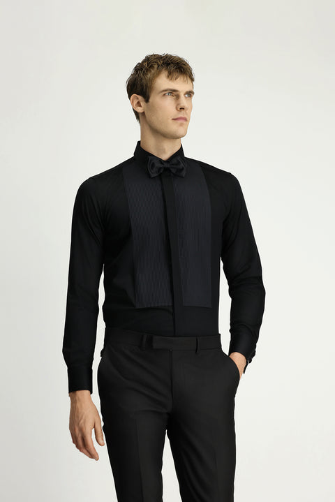 Black Slim Fit Narrow Cut Pleated Cotton Stand Collar Shirt