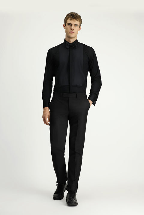 Black Slim Fit Narrow Cut Pleated Cotton Stand Collar Shirt