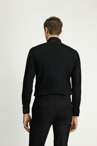 Siyah Slim Fit Dar Kesim Piliseli Pamuklu Ata Yaka Gömlek