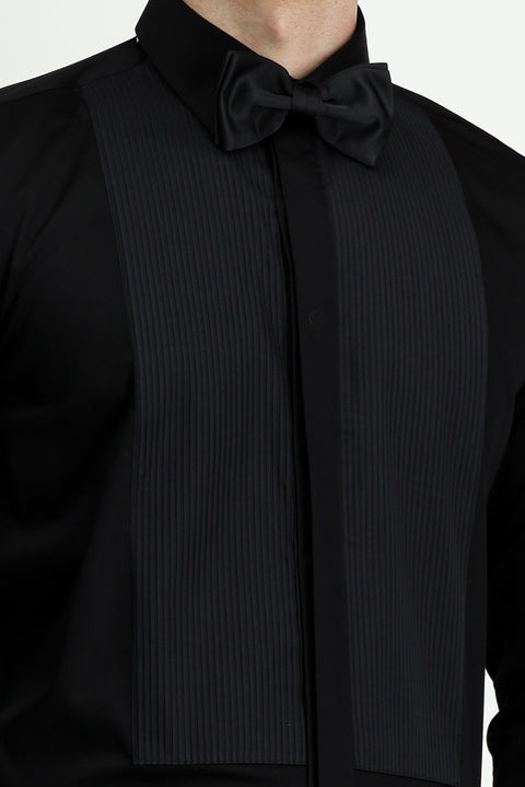 Black Slim Fit Narrow Cut Pleated Cotton Stand Collar Shirt