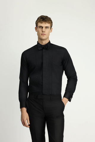 Siyah Uzun Kol Slim Fit Dar Kesim Non Iron Klasik Piliseli Pamuklu Gömlek