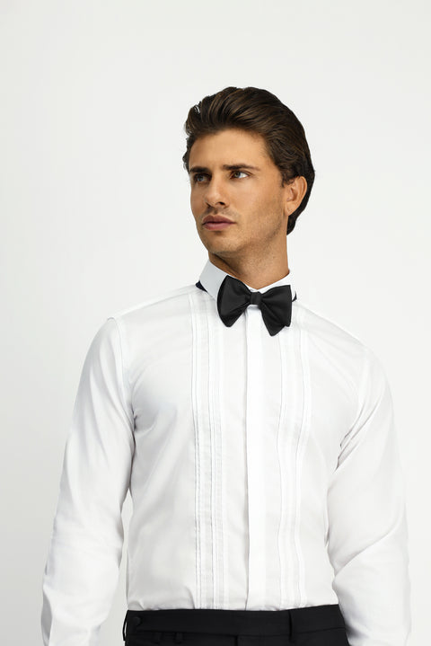 White Long Sleeve Slim Fit Narrow Cut Non-Iron Classic Pleated Cotton Shirt
