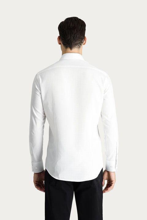 White Long Sleeve Slim Fit Patterned Cotton Shirt