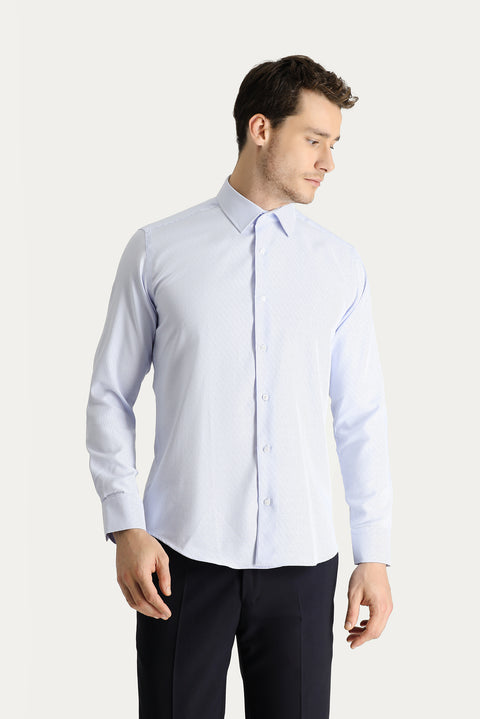 Light Blue Long Sleeve Slim Fit Narrow Cut Non-Iron Patterned Cotton Shirt