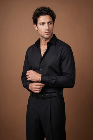 Siyah Uzun Kol Non Iron Ütü Gerektirmeyen Saten Regular Fit Klasik Pamuklu Gömlek