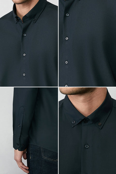 Siyah Uzun Kol Regular Fit Düğmeli Yaka Pamuklu Non Iron Ütü Gerektirmeyen Gömlek