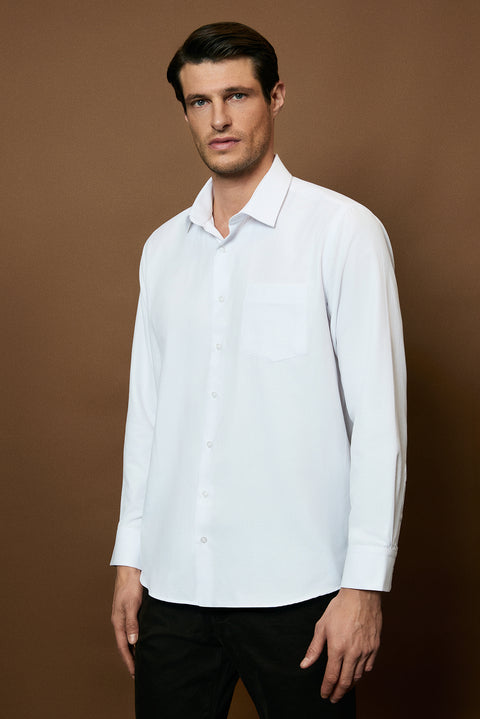 White Long Sleeve Regular Fit Classic Collar Cotton Easy Iron Pocketed Oxford Four Season Shirt