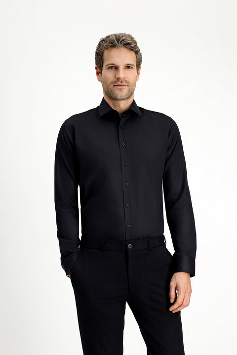 Siyah Uzun Kol Slim Fit Dar Kesim Klasik Non Iron Saten Pamuklu Gömlek