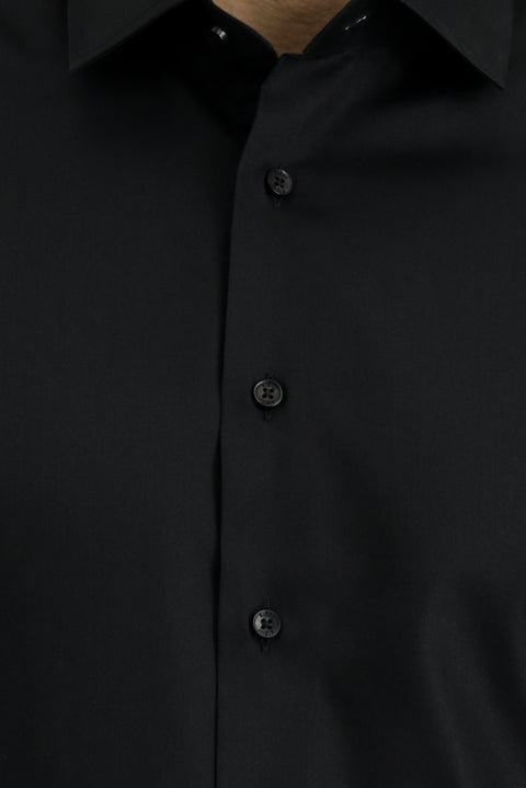 Siyah Uzun Kol Slim Fit Dar Kesim Klasik Non Iron Saten Pamuklu Gömlek