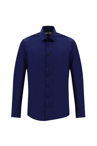Orta Lacivert Uzun Kol Slim Fit Dar Kesim Klasik Non Iron Saten Pamuklu Gömlek
