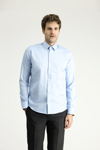 Uçuk Mavi Uzun Kol Slim Fit Dar Kesim Klasik Non Iron Saten Pamuklu Gömlek