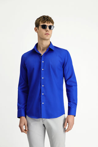 Saks Mavi Uzun Kol Slim Fit Dar Kesim Klasik Non Iron Pamuklu Gömlek