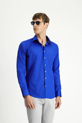 Saks Mavi Uzun Kol Slim Fit Dar Kesim Klasik Non Iron Pamuklu Gömlek
