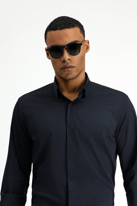 Siyah Techno-Line Uzun Kol Slim Fit Dar Kesim Likralı Gömlek
