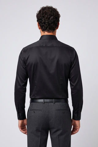 Siyah Uzun Kol Slim Fit Dar Kesim Pamuklu Non Iron Ütü Gerektirmeyen Saten Klasik Gömlek