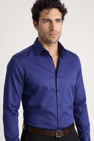 Orta Lacivert Uzun Kol Slim Fit Dar Kesim Pamuklu Non Iron Ütü Gerektirmeyen Saten Klasik Gömlek