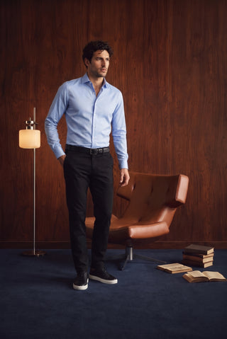 Açık Mavi Uzun Kol Slim Fit Dar Kesim Pamuklu Non Iron Ütü Gerektirmeyen Saten Klasik Gömlek