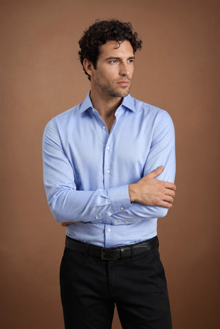 Açık Mavi Uzun Kol Slim Fit Dar Kesim Pamuklu Non Iron Ütü Gerektirmeyen Saten Klasik Gömlek