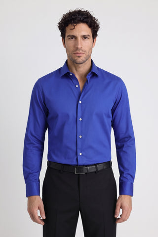 Saks Mavi Uzun Kol Slim Fit Dar Kesim Pamuklu Non Iron Ütü Gerektirmeyen Saten Klasik Gömlek
