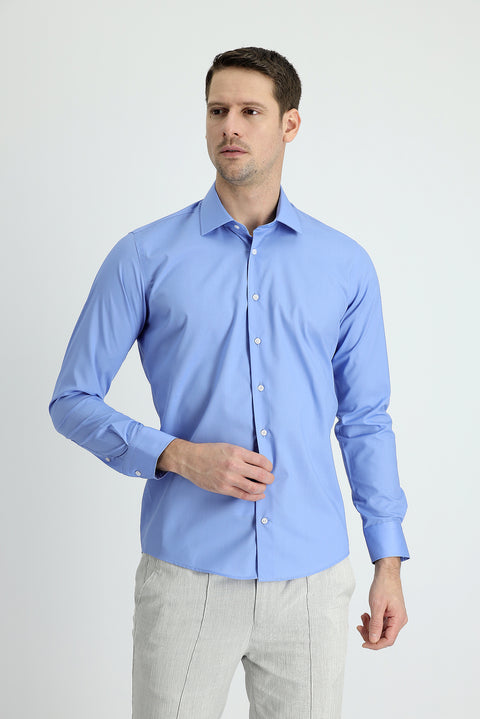 Aqua Blue Long Sleeve Slim Fit Narrow Cut Non-Iron Classic Cotton Shirt